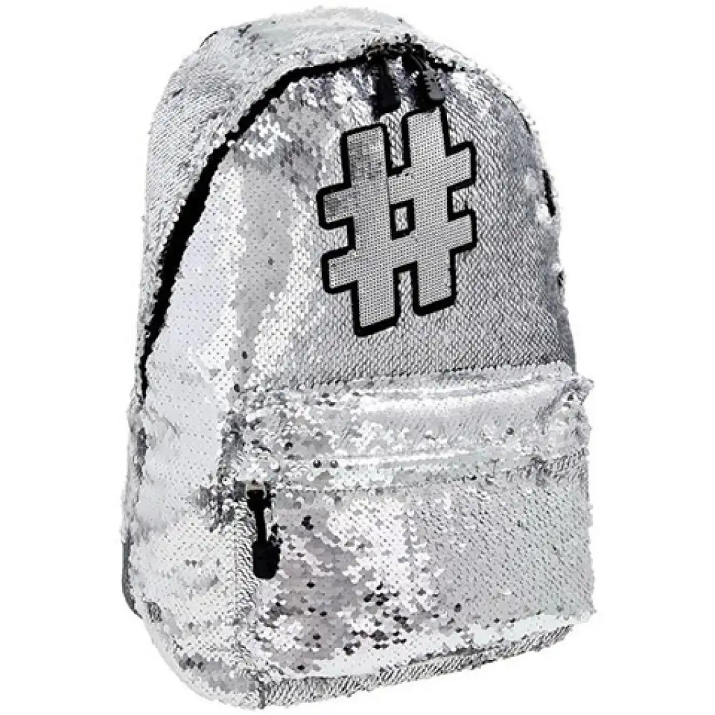 Spirit: Plecak szkolny z cekinami Hashtag Silver, kolor srebrny, 41x32x21 cm