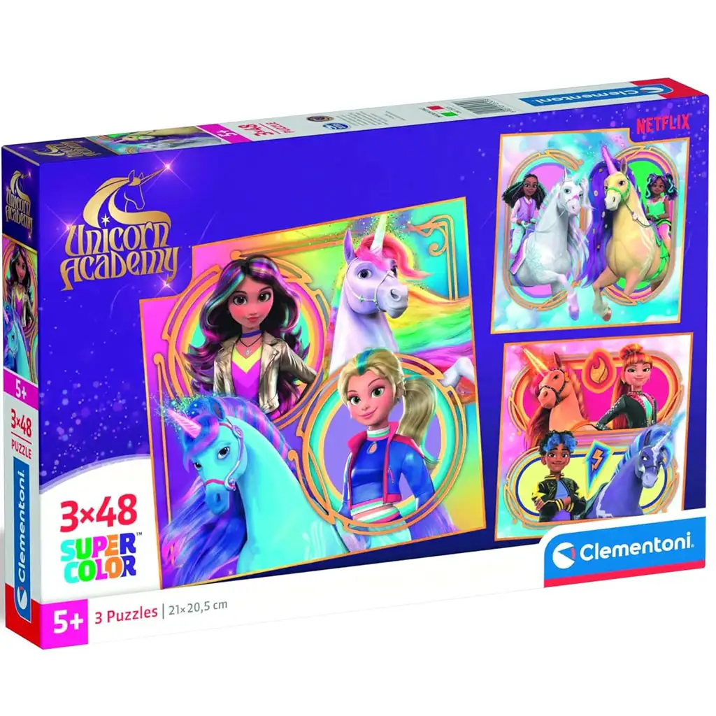 Unicorn Academy puzzle Supercolor 3x48 elementów - Clementoni