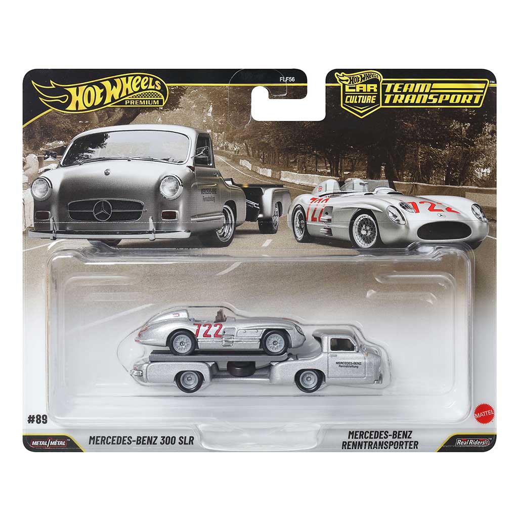 Hot Wheels: Mercedes-Benz Transporter wyścigowy i Mercedes-Benz 300 SLR samochodzik 1/64 - Mattel zdjęcie 1