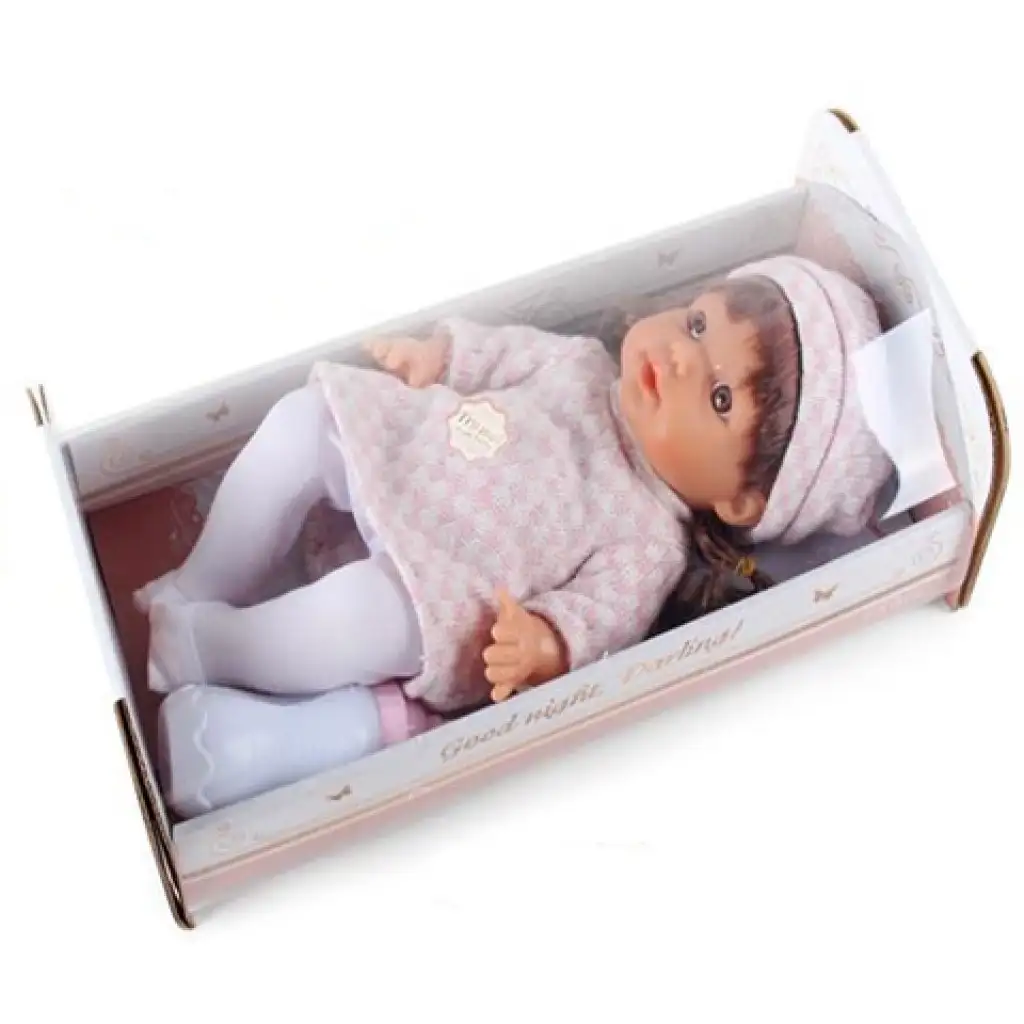 Sikająca lalka w kratkę z dźwiękiem i łóżeczkiem 30cm zdjęcie 2