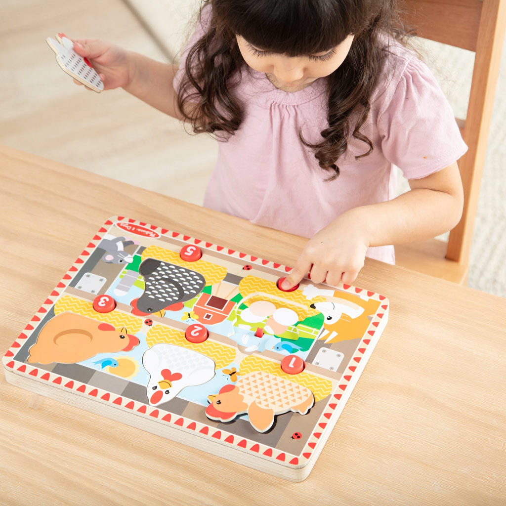 Melissa&Doug Push to Pop Puzzle – Wesołe kurczaki drewniane puzzle edukacyjne - Spin Master zdjęcie 2