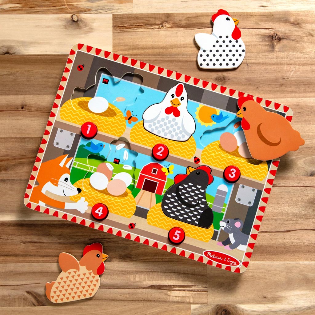 Melissa&Doug Push to Pop Puzzle – Wesołe kurczaki drewniane puzzle edukacyjne - Spin Master zdjęcie 3