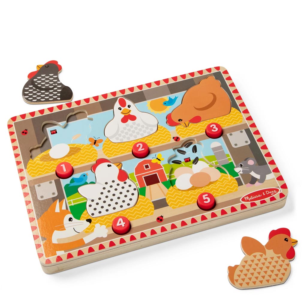Melissa&Doug Push to Pop Puzzle – Wesołe kurczaki drewniane puzzle edukacyjne - Spin Master zdjęcie 5