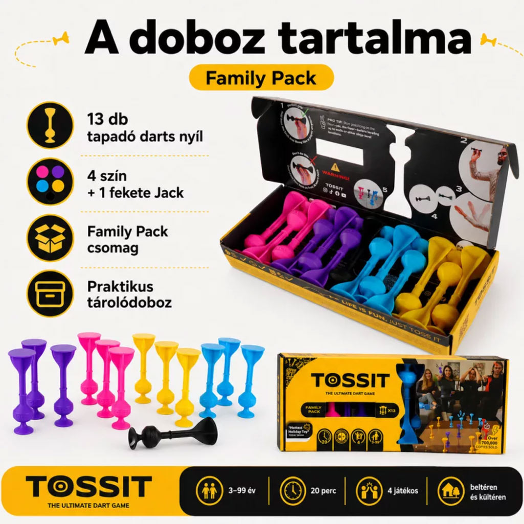 Tossit Family Pack – Różowy, Fioletowy, Niebieski, Żółty gra planszowa z rzutkami na przyssawki zdjęcie 2