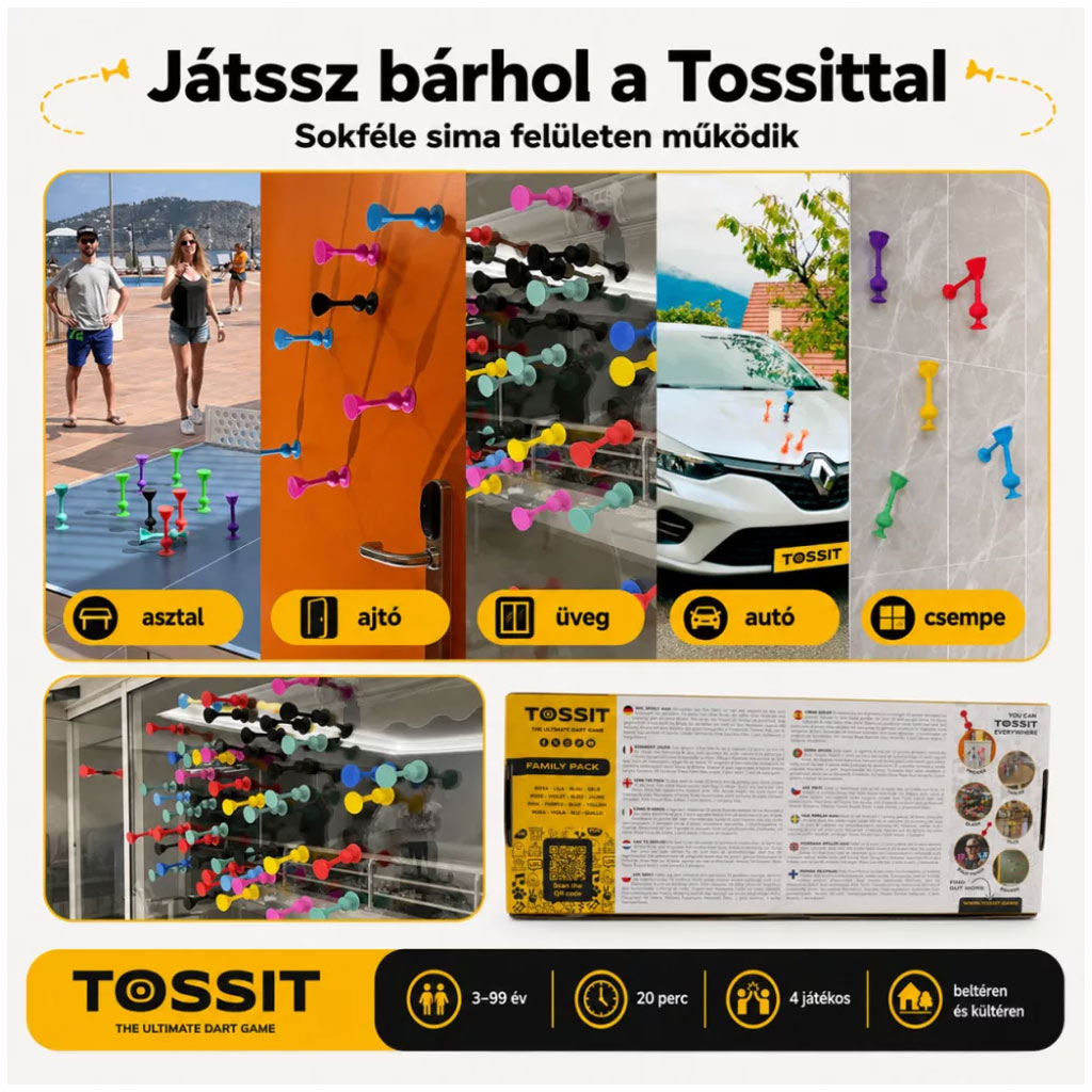 Tossit Family Pack – Różowy, Fioletowy, Niebieski, Żółty gra planszowa z rzutkami na przyssawki zdjęcie 5