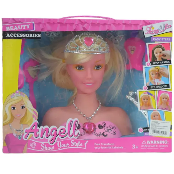 Angell: Głowa lalki do stylizacji i czesania z tiarą i akcesoriami 21 cm zdjęcie 5