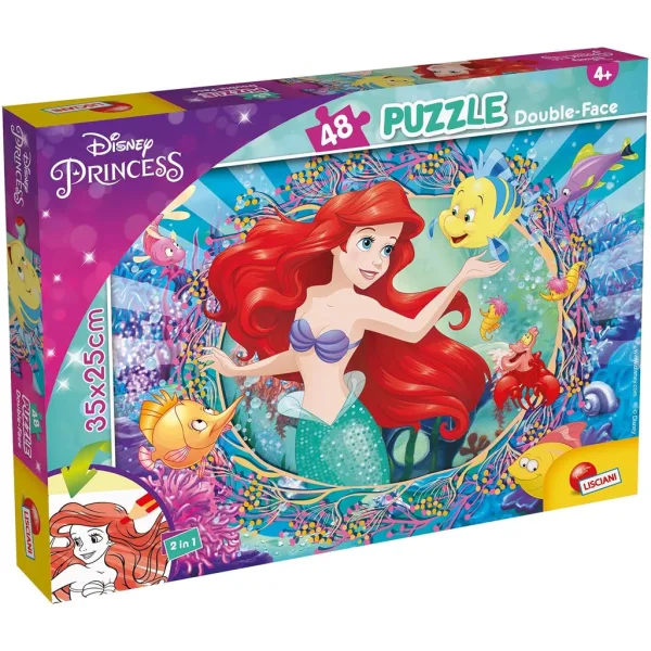 Ariel, Mała Syrenka 2 w 1 48-elementowe puzzle i kolorowanka 35x25 cm - Lisciani