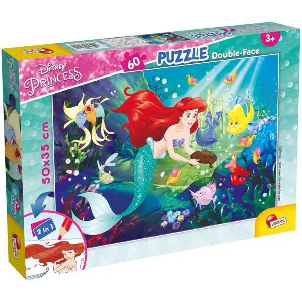 Ariel, mała syrenka 2 w 1, puzzle 60 elementów i kolorowanka 50x35 cm - Lisciani zdjęcie 1