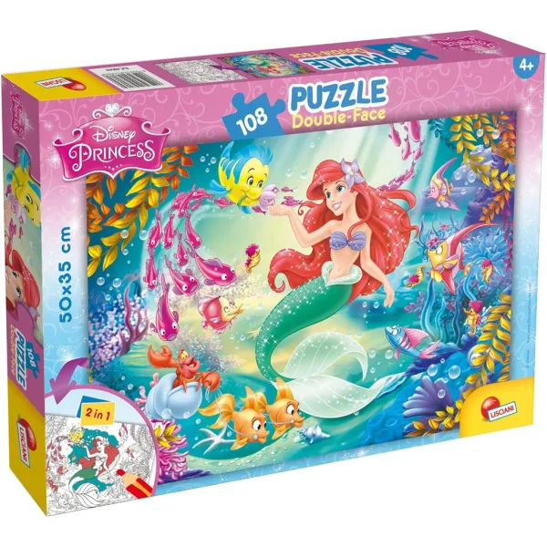 Ariel, mała syrenka 2 w 1 puzzle i kolorowanka 108 elementów 50x35cm - Lisciani zdjęcie 1