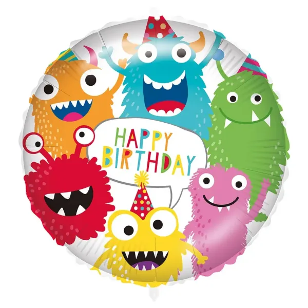 Balon foliowy na urodziny – z napisem „Happy Birthday”, z kolorowym wzorem potworków, 46 cm zdjęcie 1