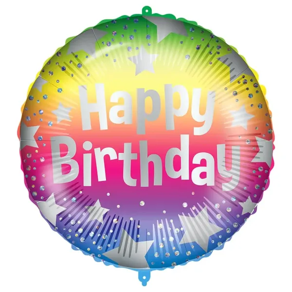 Balon foliowy urodzinowy – z napisem „Happy Birthday”, wzór w gwiazdki w kolorach tęczy, 46 cm zdjęcie 1