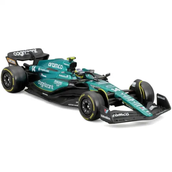 Bburago: Aston Martin AMR23 samochód wyścigowy F1 metalowy model w skali 1/43 (Fernando Alonso #14, wersja z kaskiem) zdjęcie 2