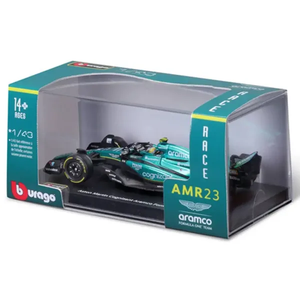 Bburago: Aston Martin AMR23 samochód wyścigowy F1 metalowy model w skali 1/43 (Fernando Alonso #14, wersja z kaskiem) zdjęcie 5