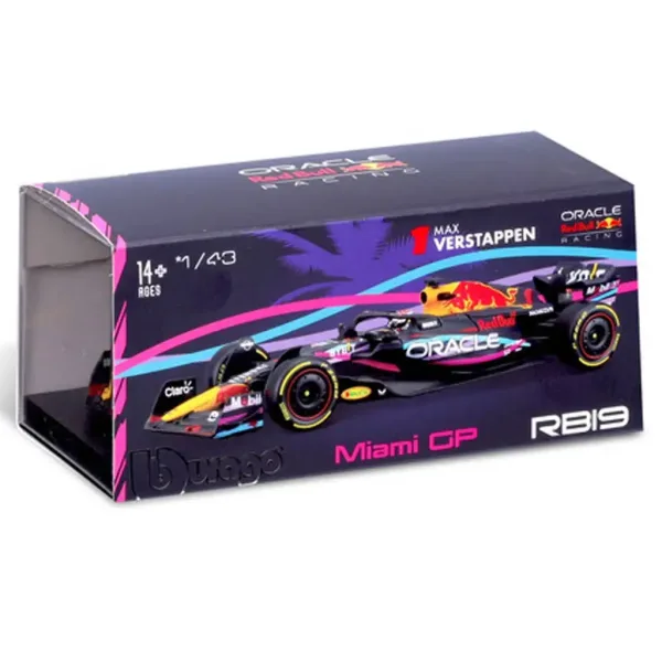 Bburago: Red Bull RB19 F1 metalowy model samochodu 1/43 (Max Verstappen #1, edycja specjalna Miami GP, z kaskiem) zdjęcie 4