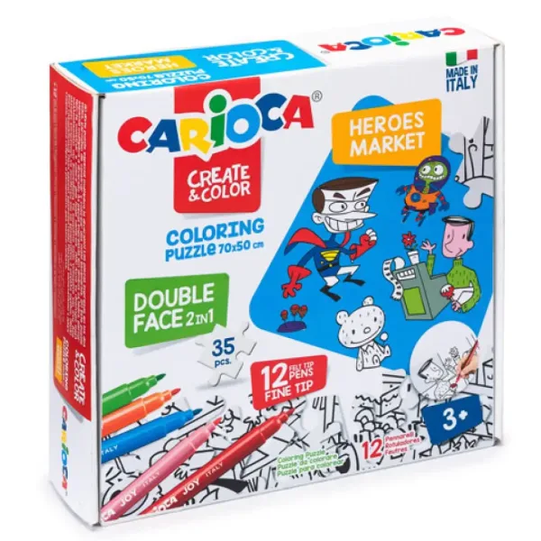 Bohaterowie dwustronne kolorowanki puzzle z 12 flamastrami - Carioca zdjęcie 1