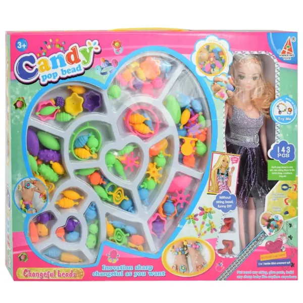Candy PopBead: zestaw do tworzenia biżuterii z 143 elementów z lalką, kolorowymi koralikami, pierścionkami i dodatkowymi akcesoriami zdjęcie 1