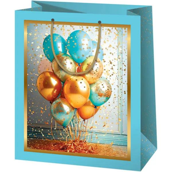 Cardex: Ekskluzywna niebiesko-złota torebka prezentowa średniego rozmiaru z balonami, 18x10x23 cm zdjęcie 1