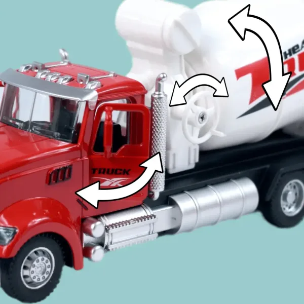 Ciężarówka Heavy Duty: Model metalowej betoniarki z otwieranymi drzwiami i obrotowym bębnem w skali 1/36. zdjęcie 5