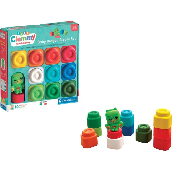 Clemmy: Kolorowy zestaw miękkich klocków z figurką smoka, 10 elementów - Clementoni zdjęcie 1