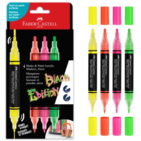 Faber-Castell: Black Edition Shake & Paint dwustronny zestaw kolorowych markerów 3 mm i 1 mm, 4 sztuki