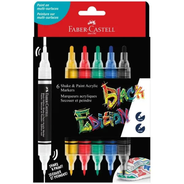 Faber-Castell: Black Edition Shake & Paint zestaw 6 kolorowych markerów dwustronnych o grubości 3 mm i 1 mm