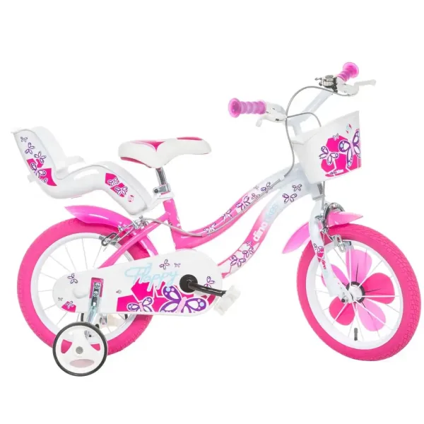 Flappy 16” rower dziecięcy z koszykiem i siedziskiem dla lalki w kolorze różowo-białym – rower Dino Bikes zdjęcie 1