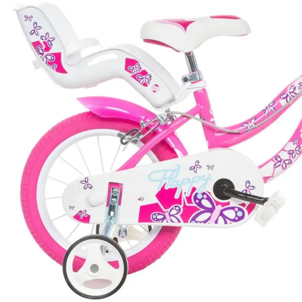 Flappy 16” rower dziecięcy z koszykiem i siedziskiem dla lalki w kolorze różowo-białym – rower Dino Bikes zdjęcie 2