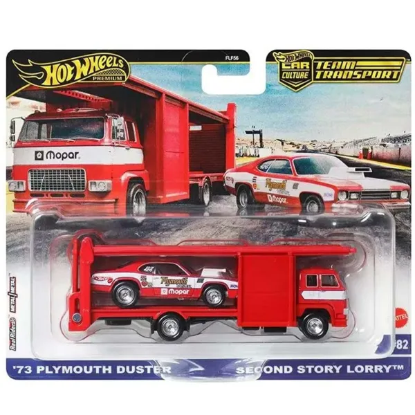 Hot Wheels: Second Story Lorry - Premium laweta do transportu samochodów i 73 Plymouth Duster samochodzik 1/64 - Mattel
