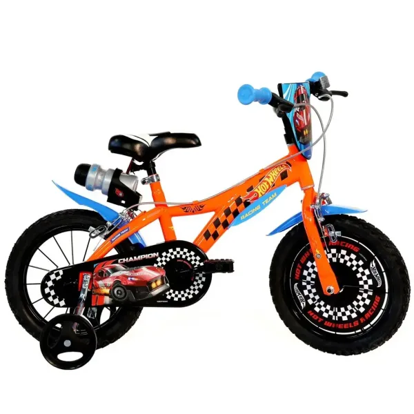 Hot Wheels rower dziecięcy 14” z uchwytem na bidon i bocznymi kółkami w kolorze pomarańczowo-czarnym – rower Dino Bikes