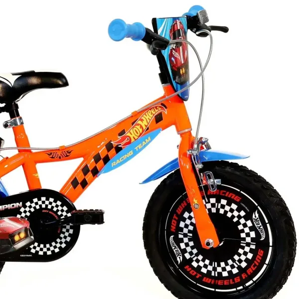 Hot Wheels rower dziecięcy 14” z uchwytem na bidon i bocznymi kółkami w kolorze pomarańczowo-czarnym – rower Dino Bikes zdjęcie 3