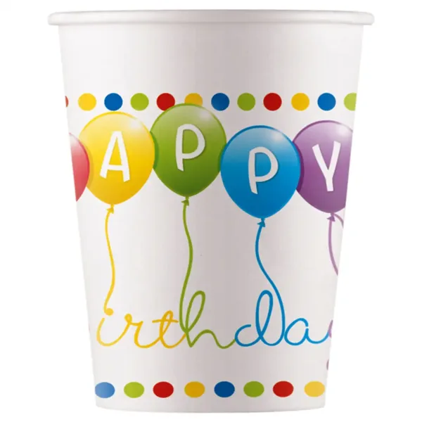 Kolorowe papierowe kubeczki urodzinowe z napisem "Happy Birthday" z balonami, 200 ml, zestaw 8 sztuk zdjęcie 1