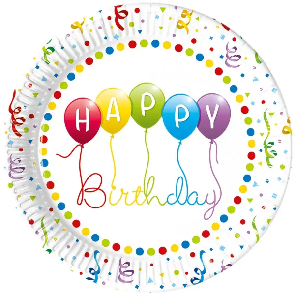 Kolorowe talerzyki papierowe z napisem „Happy Birthday” - zestaw 8 sztuk. zdjęcie 1