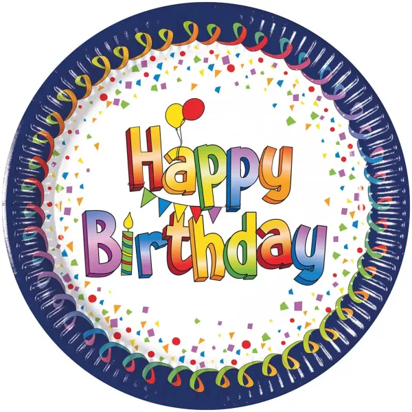 Kolorowe urodzinowe papierowe talerzyki z napisem "Happy Birthday", zestaw 8 sztuk, 20 cm. zdjęcie 1