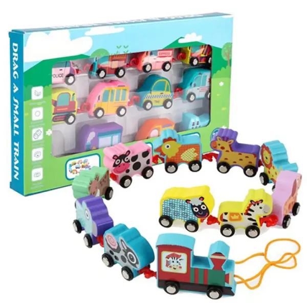 Kolorowy drewniany pociąg ze zwierzątkami do ciągnięcia zdjęcie 1