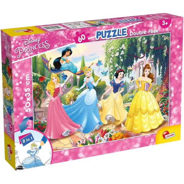 Księżniczki Disneya – Magia bajkowego ogrodu, 2 w 1, puzzle 60 elementów i kolorowanka, 50x35 cm – Lisciani