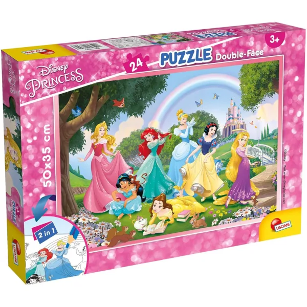 Księżniczki Disneya 2 w 1, 24-elementowe puzzle i kolorowanka 50x35 cm – Lisciani