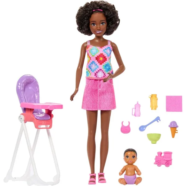 Lalka Barbie w różowej sukience zestaw opiekunki do dzieci - Mattel zdjęcie 2