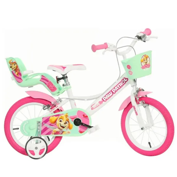 Psi Patrol Skye 14” rowerek dziecięcy z koszykiem i fotelikiem dla lalki w kolorze różowo-miętowym – rower Dino Bikes