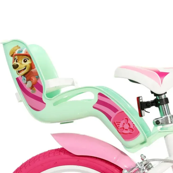 Psi Patrol Skye 14” rowerek dziecięcy z koszykiem i fotelikiem dla lalki w kolorze różowo-miętowym – rower Dino Bikes zdjęcie 2