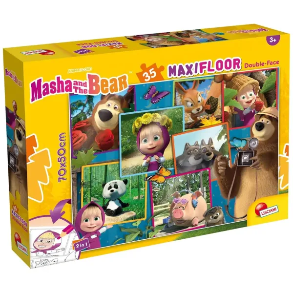 Masza i Niedźwiedź, obrazki 2 w 1, maxi puzzle podłogowe 35 elementów i kolorowanka 70x50 cm – Lisciani zdjęcie 1