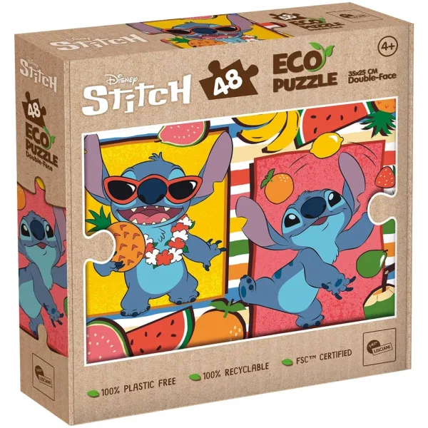 Owocowa przygoda Lilo i Stitch 2 w 1, 48-elementowe ekologiczne mini puzzle i kolorowanka 35x25 cm – Lisciani