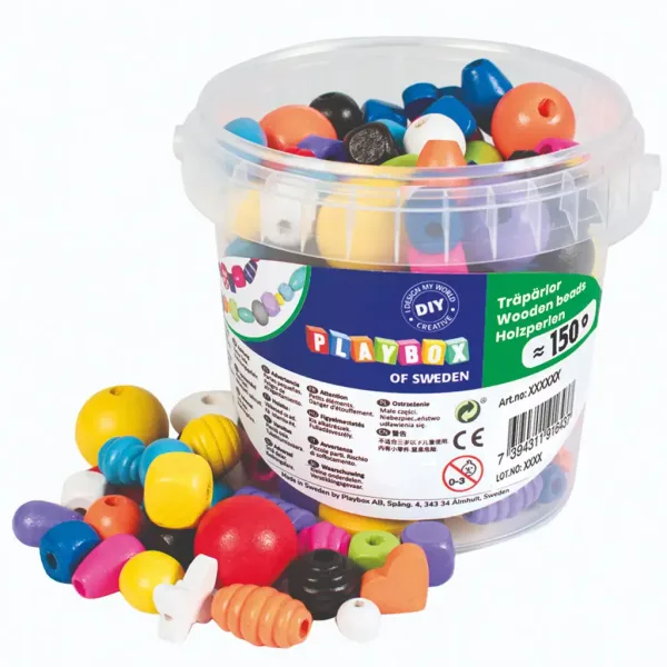 PlayBox: Kolorowy drewniany zestaw koralików do nawlekania w wiaderku 190g zdjęcie 1