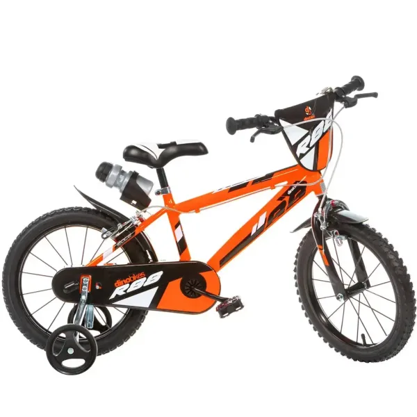 R88 14” rower dziecięcy z uchwytem na bidon i bocznymi kółkami w kolorze pomarańczowo-czarnym – rower Dino Bikes zdjęcie 1