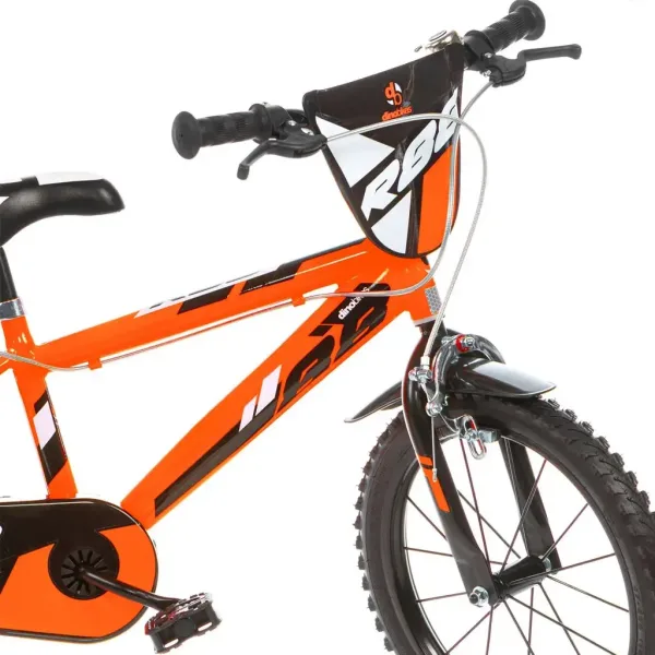 R88 14” rower dziecięcy z uchwytem na bidon i bocznymi kółkami w kolorze pomarańczowo-czarnym – rower Dino Bikes zdjęcie 3
