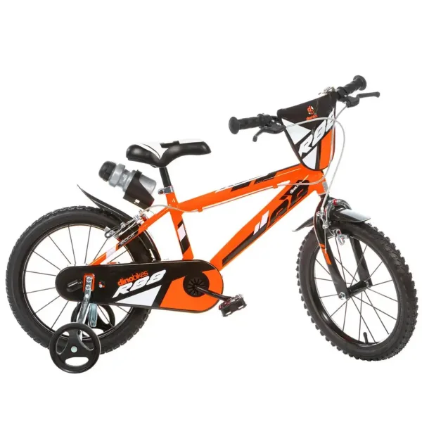 R88 16” rower dziecięcy z uchwytem na bidon i bocznymi kółkami w kolorze pomarańczowo-czarnym – rower Dino Bikes zdjęcie 1
