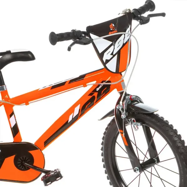 R88 16” rower dziecięcy z uchwytem na bidon i bocznymi kółkami w kolorze pomarańczowo-czarnym – rower Dino Bikes zdjęcie 3