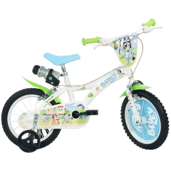 Rower dziecięcy Bluey 14” z uchwytem na bidon i bocznymi kółkami w kolorach biało-niebiesko-zielonym – rower Dino Bikes zdjęcie 1