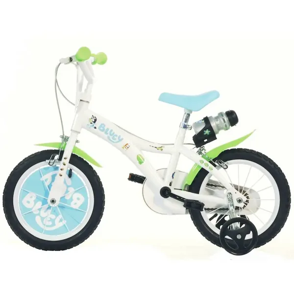 Rower dziecięcy Bluey 14” z uchwytem na bidon i bocznymi kółkami w kolorach biało-niebiesko-zielonym – rower Dino Bikes zdjęcie 2