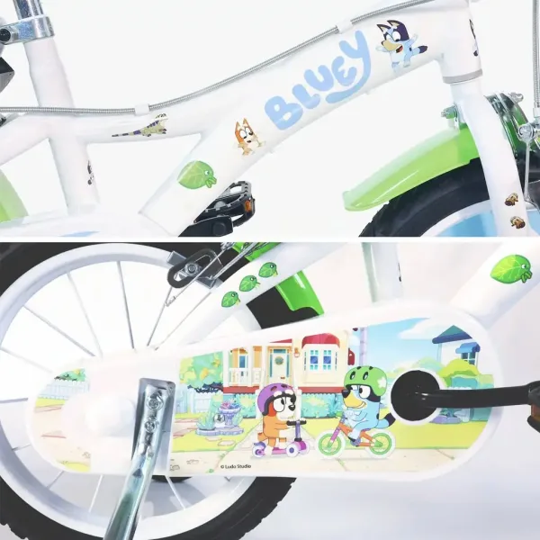 Rower dziecięcy Bluey 14” z uchwytem na bidon i bocznymi kółkami w kolorach biało-niebiesko-zielonym – rower Dino Bikes zdjęcie 3