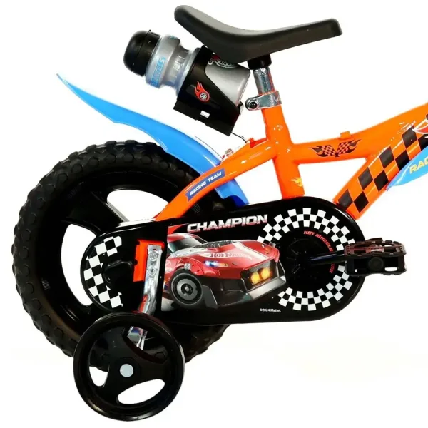 Rower dziecięcy Hot Wheels 12” z uchwytem na bidon i bocznymi kółkami, w kolorze pomarańczowo-czarnym – rower Dino Bikes zdjęcie 2